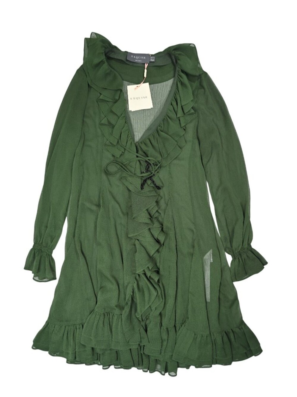 Exquise Ruffled V-Neck Long Sleeve Mini Chiffon Dress in Green